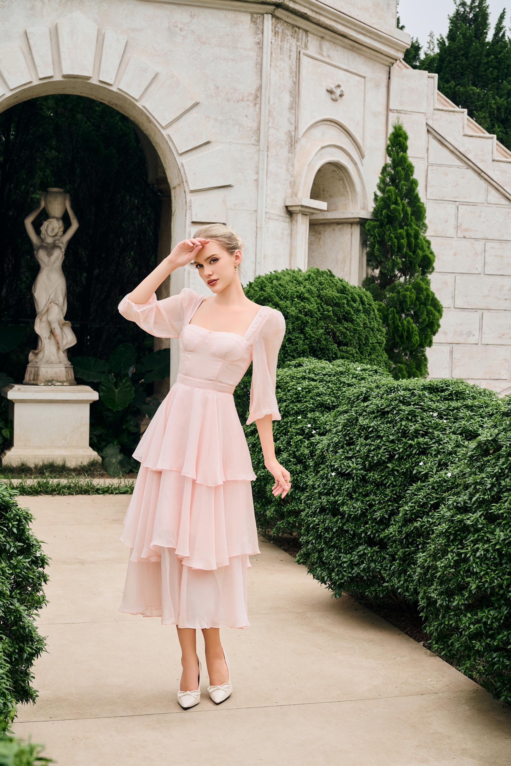 Light Pink Bustier Dress, Sheer Long Sleeve Tiered Dress, Vintage Corset Midi Dress with Puff Sleeves, Handcrafted Princess Prom Outfit