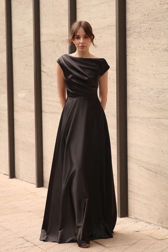 draped formal dress Lady Black Tie - Nevada Gown - Evening wedding guests Black Silk Draped Maxi Dress,