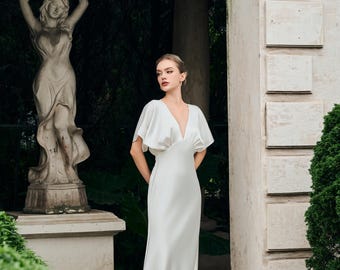 Deep V Neck Silk Dress with Flutter Sleeve, Minimalist Empire Waist Maxi Prom Gowns, Elegant Backless Bridal Gown, Rehearsal Dinner Dress