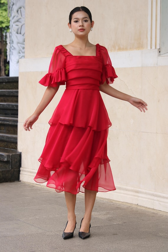 Chiffon Midi Dress, Romantic Layered Dress, Puff Sleeve Party Dress, Elegant Flowy Dress