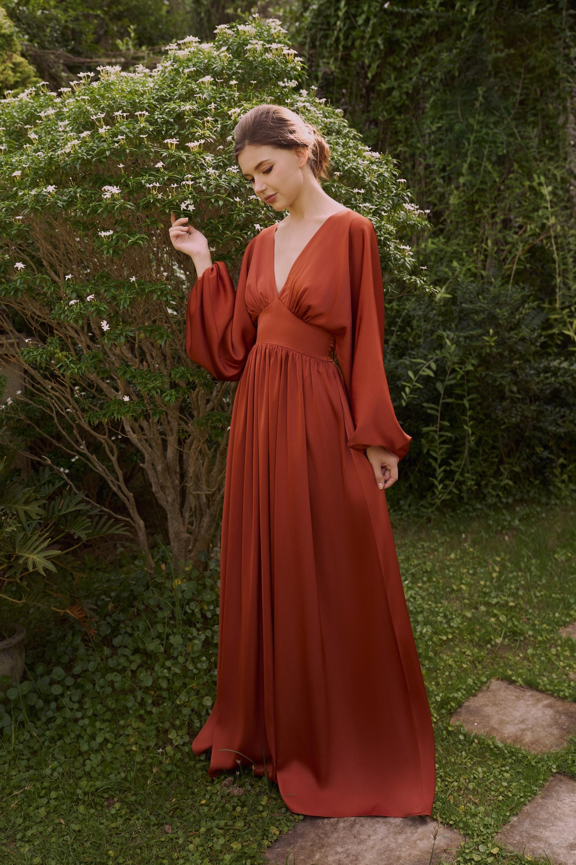 terracotta color formal dress Satin Dresses mid length slip dress