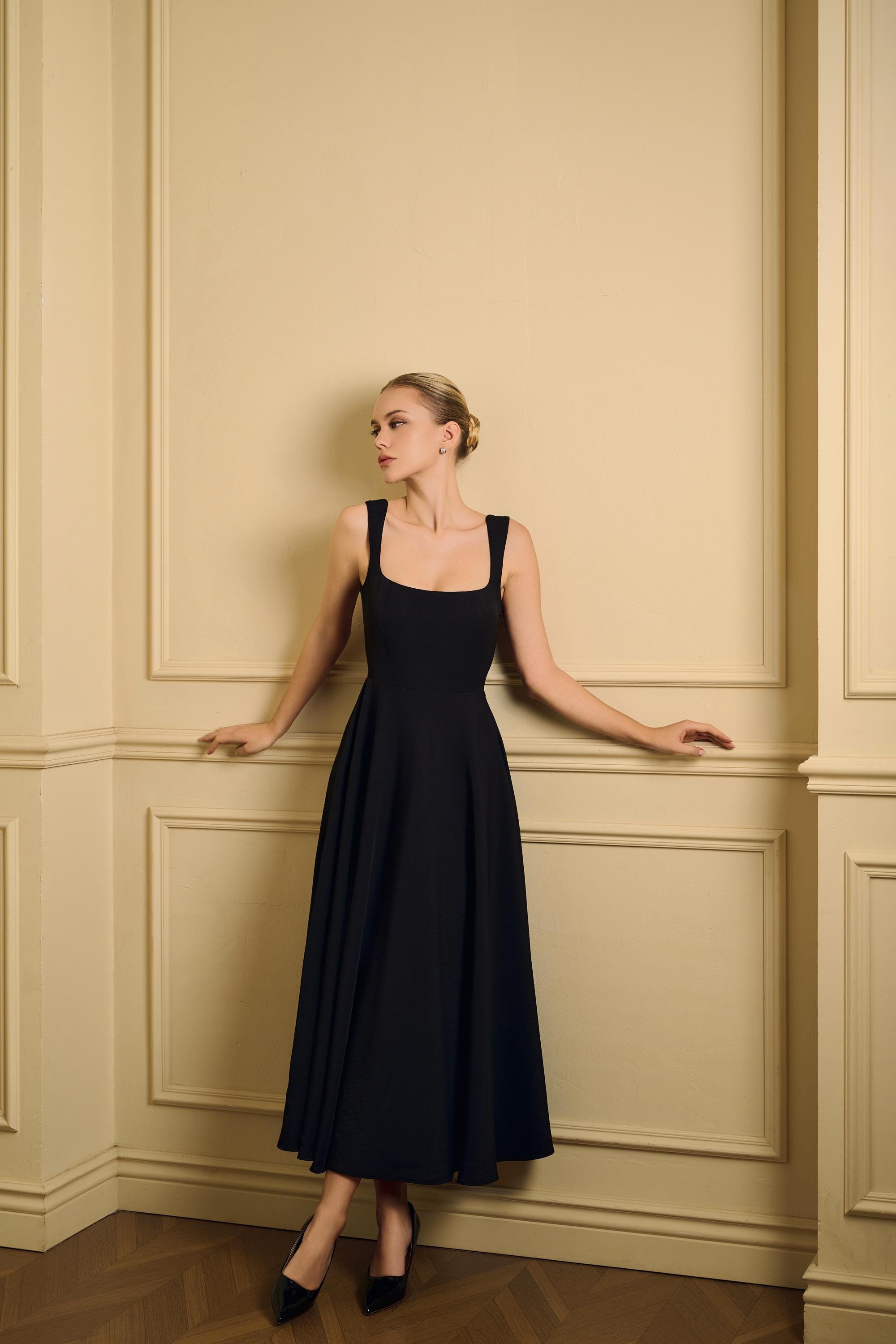 black square neck a line dress Women's Square Neck A Line Midi Dress, Black