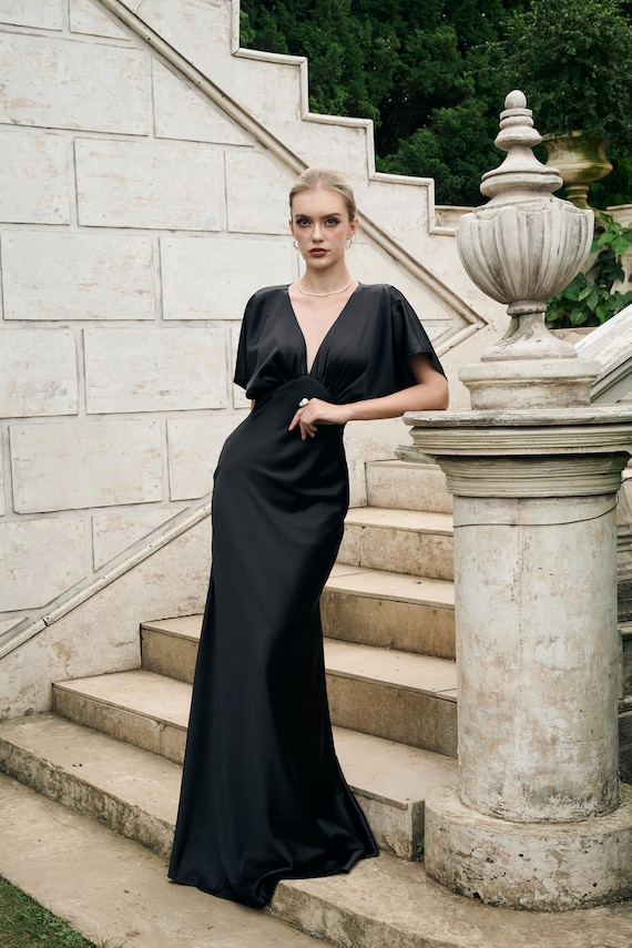 Black Silk Maxi Prom Dress | Empire Waist V Neck Evening Gown | Flutter Cape Sleeves Elegant Dresses| Old Money Holiday Party Wear