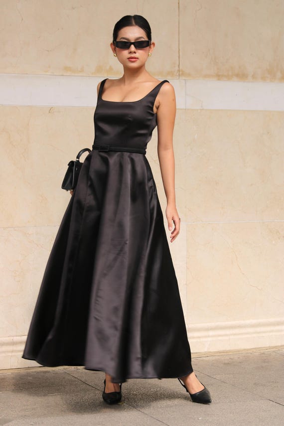 black satin fit and flare dress Elegant Midi/maxi Dress, Summer Dress, Minimal Bridal Party Dress, Romantic Silk Gown, Feminine A Line Dresses Girl size:2T Hand wash cold The Women Black Floral Printed Aliceoliva