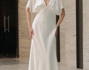 White Deep V Neck Maxi Dress, Elegant Evening Gown, Flutter Sleeve Formal Dress, Elegant Party Dress, Tailored Prom Dress
