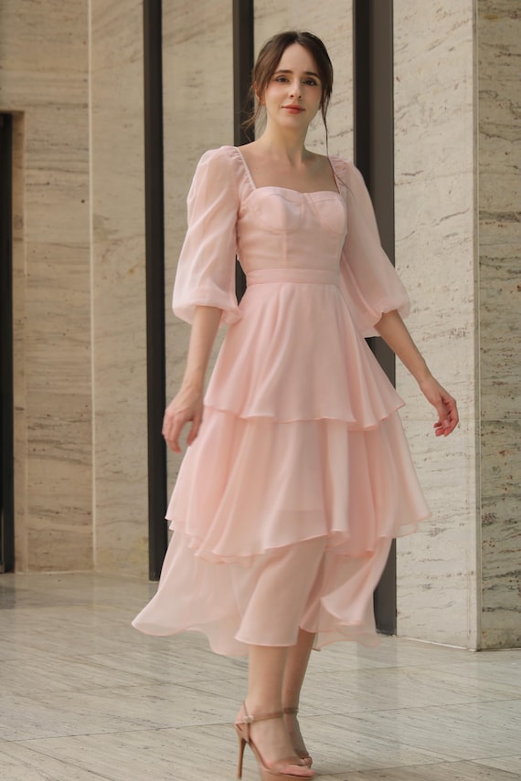 light pink layered dress Baby Tiered Chiffon Midi Dress, Fairycore Corset Bustier Dress, Romantic Puff Sleeve Wedding Guest Dress, Cottagecore Princess CORE COLLECTION