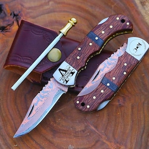 Handmade Copper Damascus Folding Knife, Copper Pocket Knife, Wooden Handle Turquoise Fold Blade Knife, Best Anniversary Gifts Groomsman Gift