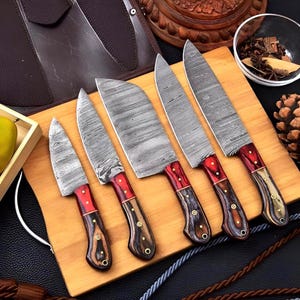 Handmade High Damascus Steel Chef Knife Set, 5Pcs Rosewood Handle Kitchen Knife Gift For Father Kitchen Knife Groomsmen Wedding Gift For Him