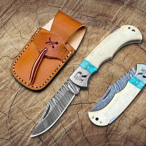 Handmade Damascus Pocket Knife Bone and turquoise Handle Folding Knife, Birthday Gifts, Groomsmen Gift, Wedding Personalized Gifts for him