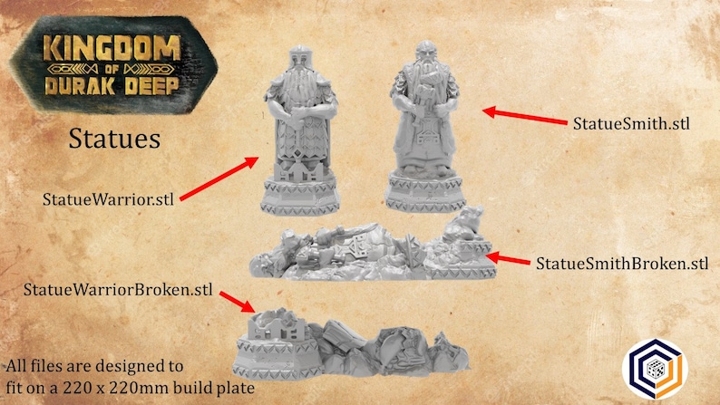 Puede incluir: Cuatro estatuas de enanos impresas en 3D, dos de pie y dos rotas, para un juego de mesa. Las estatuas est&aacute;n impresas en gris claro y est&aacute;n dise&ntilde;adas para caber en una placa de construcci&oacute;n de 220 x 220 mm.