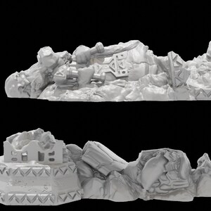 Puede incluir: Dos edificios en ruinas en miniatura, impresos en 3D, de color gris y con superficie texturizada. Los edificios est&aacute;n en estado de deterioro, con paredes rotas y escombros.