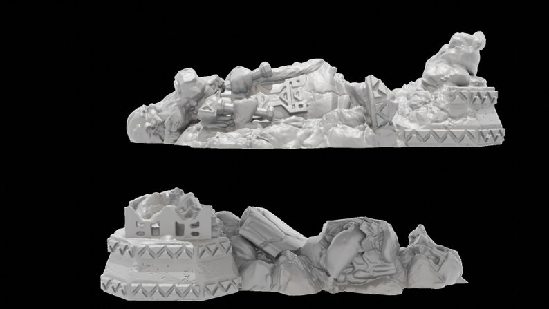 Puede incluir: Dos edificios en ruinas en miniatura, impresos en 3D, de color gris y con superficie texturizada. Los edificios est&aacute;n en estado de deterioro, con paredes rotas y escombros.