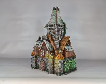 May include: A miniature stone and wood building with a pointed roof, overgrown with vines and foliage. The building has a wooden door and windows, and a stone tower with a pointed roof.