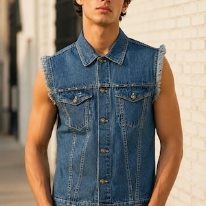 Men's Denim Biker Vest | Sleeveless Motorcycle Jean Vest | Frayed Cut Off Trucker Vest | Distressed Blue Denim Gilet | Plus Size XS-12XL