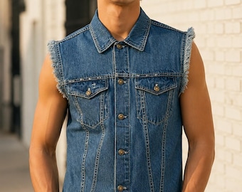 Men's Denim Biker Vest | Sleeveless Motorcycle Jean Vest | Frayed Cut Off Trucker Vest | Distressed Blue Denim Gilet | Plus Size XS-12XL