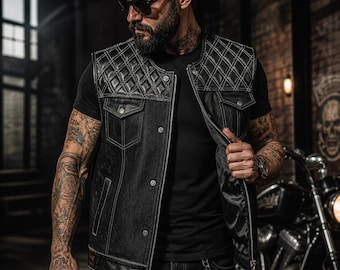 Men’s Black Leather Denim Vest, Diamond Quilted Biker Vest, Motorcycle Club Vest
