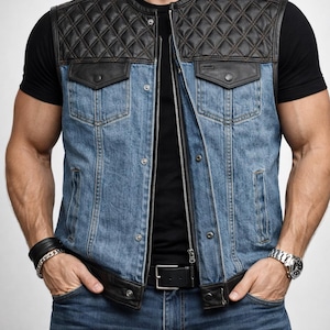 Denim Leder Motorradjacke Handmade Biker Weste für Herren