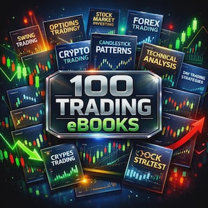 Puede incluir: Imagen que muestra 100 eBooks de trading. Las portadas exhiben temas como Forex, Cripto y Análisis Técnico, con gráficos. Un emblema plateado central dice "100 TRADING eBooks".