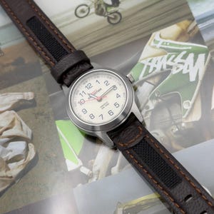 Vintage Timex Expedition Indiglo 50M Silver toned Original Leather Band
