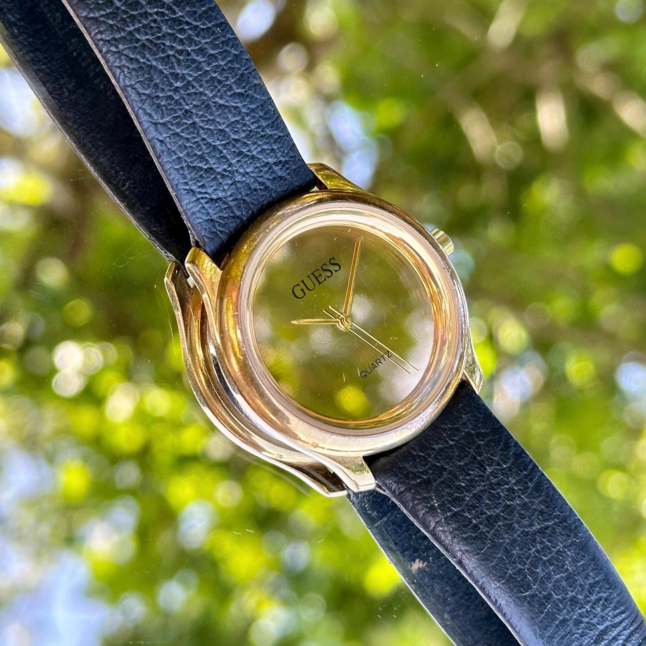 Vintage Guess Watch Women 33mm Gold Tone Mirror Genuin Leather