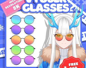 Vtuber Runde Brille: bunte transparente PNG (Premade), 5 Brillenbilder
