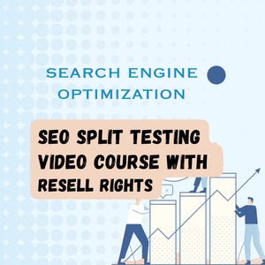 Może przedstawiać: Obraz promujący kurs wideo SEO. Tekst brzmi "SEARCH ENGINE OPTIMIZATION" i "SEO SPLIT TESTING VIDEO COURSE WITH RESELL RIGHTS". Grafika zawiera wykres słupkowy z wspinającymi się postaciami i strzałką w górę, na jasnoniebieskim tle w kropki.