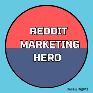 May include: A round graphic with a red and blue split design. The text "REDDIT MARKETING HERO" is displayed in white, bold, block letters. The background is light blue, and the words "Resell Rights" are in the bottom right corner.