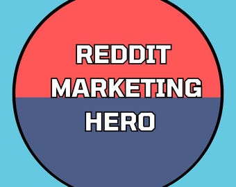 May include: A round graphic with a red and blue split design. The text "REDDIT MARKETING HERO" is displayed in white, bold, block letters. The background is light blue, and the words "Resell Rights" are in the bottom right corner.