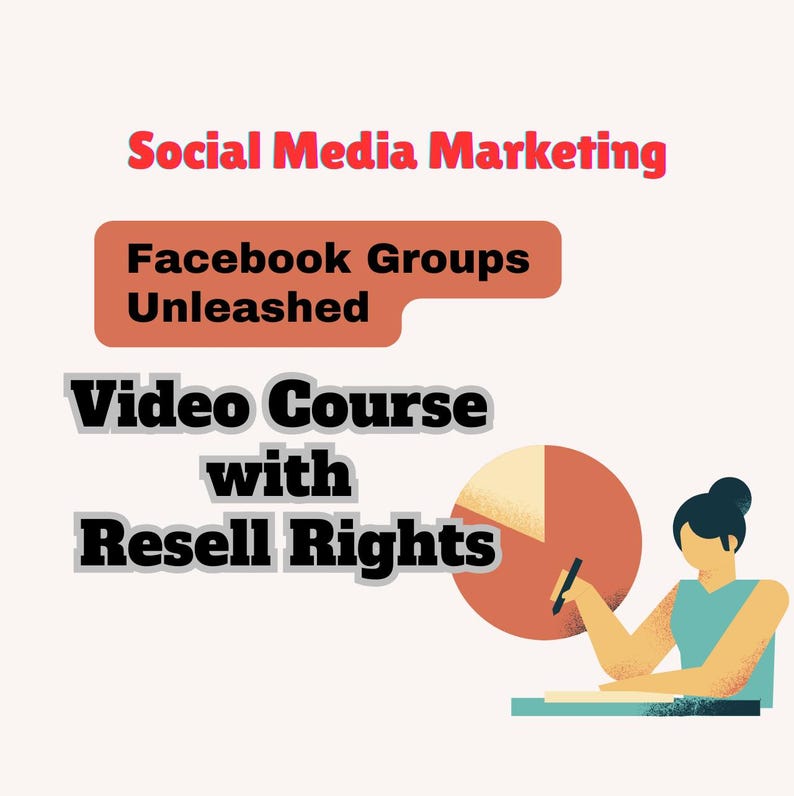 Puede incluir: Imagen que promociona un curso en v&iacute;deo sobre marketing en redes sociales. El texto incluye "Social Media Marketing", "Facebook Groups Unleashed" y "Video Course with Resell Rights". Tambi&eacute;n se muestra un gr&aacute;fico circular y una persona escribiendo.