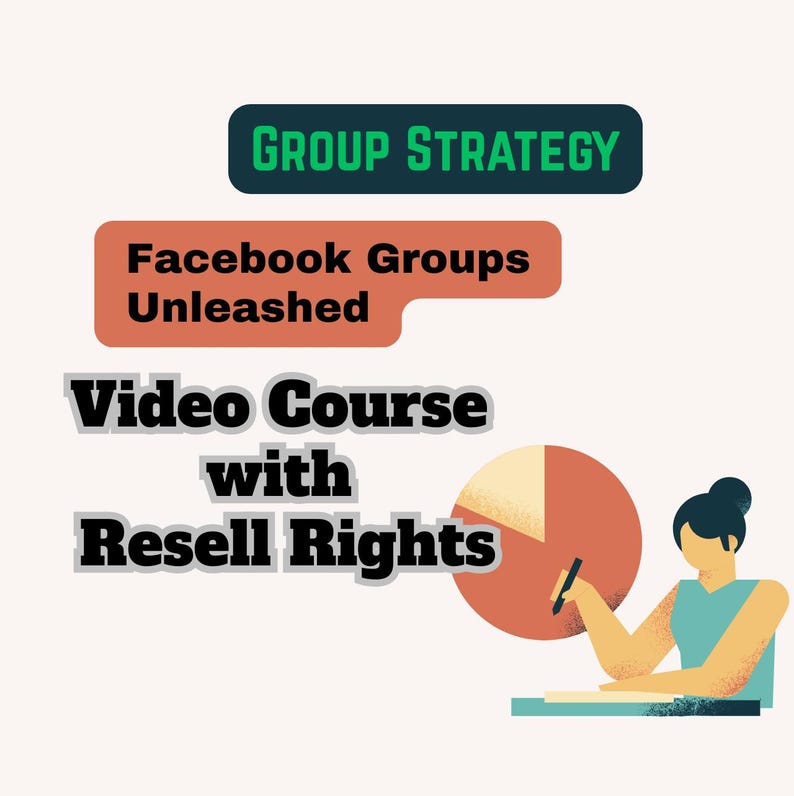 Puede incluir: Imagen con el texto "Group Strategy" y "Facebook Groups Unleashed". Debajo, "Video Course with Resell Rights". Un gr&aacute;fico circular y una persona tambi&eacute;n est&aacute;n en la imagen.