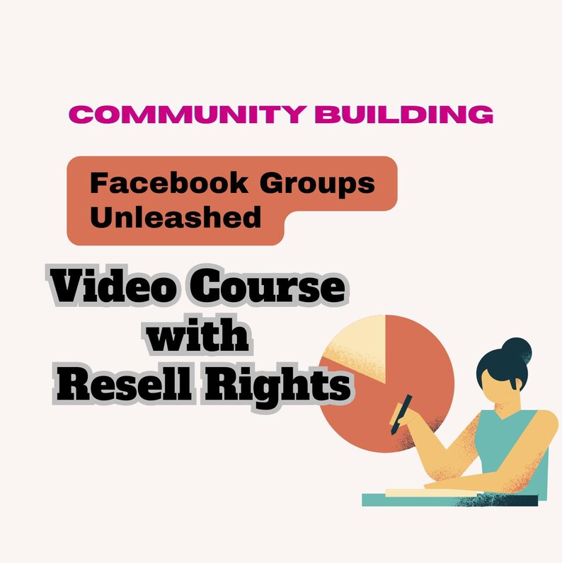Puede incluir: Imagen con el texto "Community Building" en rosa. Debajo, un rect&aacute;ngulo marr&oacute;n con el texto "Facebook Groups Unleashed". Debajo, "Video Course with Resell Rights". Una persona dibuja en un gr&aacute;fico circular.