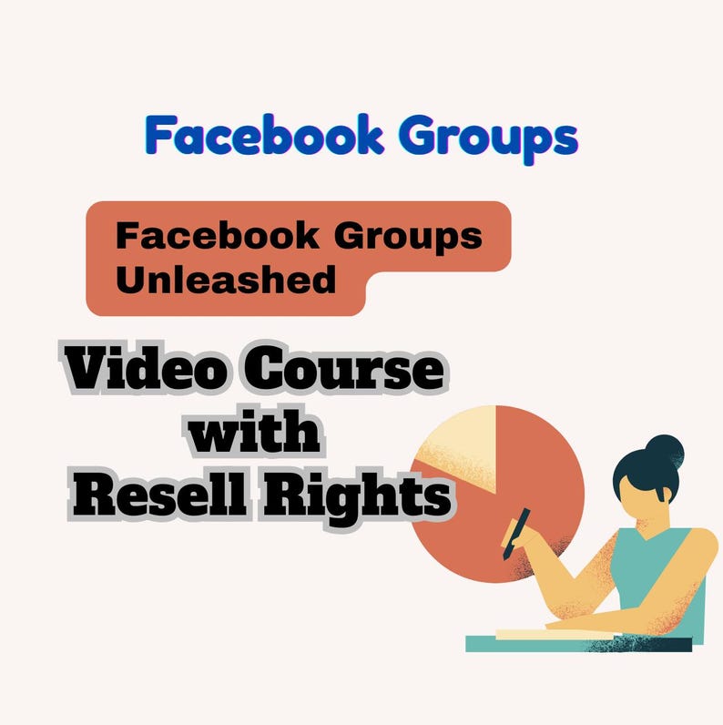 Puede incluir: Imagen con el texto "Facebook Groups" en azul, y "Facebook Groups Unleashed" en un rect&aacute;ngulo rojo. Debajo est&aacute; "Video Course with Resell Rights". Un gr&aacute;fico de una persona dibujando en un gr&aacute;fico circular.