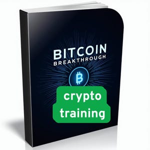 May include: A dark blue book titled "Bitcoin Breakthrough" with a Bitcoin symbol and the words "crypto training" in a green box. The book has a glossy cover and a white background.