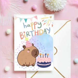 Digital Capybara Birthday Card | Printable Kawaii Animal Greeting Card | Cute Pastel Capybara Instant Download PDF JPG