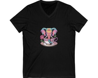 Elephant in Teacup V-Neck Tee: Colorful Animal Lover Shirt