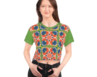 Retro Floral Crop Tee: Geometric Print, Summer Festival Top