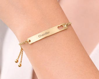 Engravable Heart Cutout Bar Bracelet, Adjustable Stainless Steel
