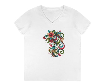 Floral V-Neck T-Shirt: Colorful Mexican-Style Cotton Tee