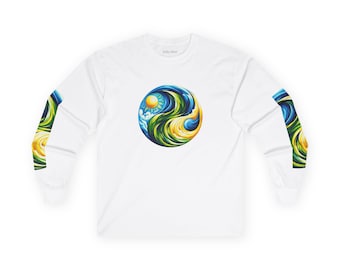 Artistic Waves Long Sleeve Tee: Eco-Friendly Cotton Unisex Apparel