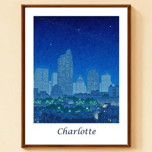 Charlotte USA Anime Stadtbild, Stadt Skyline Kunst, Leinwand Kunst, Poster, Nachthimmel Sterne, Vollmond, Lichter der Stadt, moderne Kunst