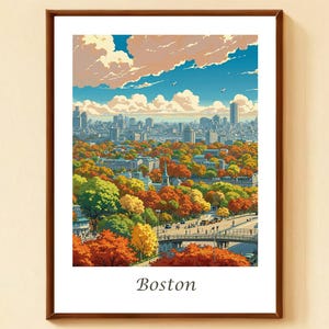 Boston,USA, Anime Stadtbild,Kunst,Herbst Poster,Kunstdruck,Reisen Kunst,Boston Illustration,Gerahmt,Ungerahmt