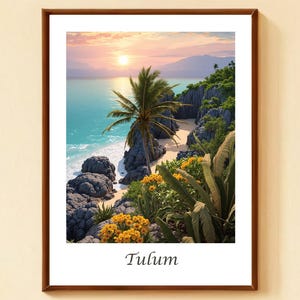 Tulum, Mexiko Anime-Stil, Strandszene Leinwand, Poster, Palmen, Ozeanblick, Sonnenuntergang, Küstendekor, Reisekunst, Wandkunst, Wohnkultur