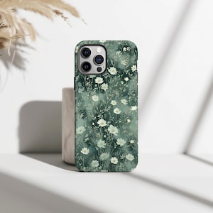 Green Flower Phone Case, Floral Girly Phone Cases, Wildflower Phone Cover for iPhone 17 16 15 14 13 12 11 Pro Max, Samsung Galaxy S25 S24 S23 Ultra