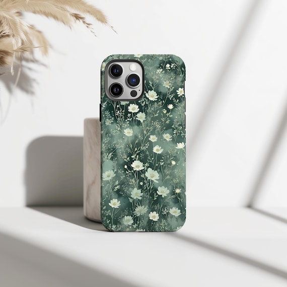 Green Flower Phone Case, Floral Girly Phone Cases, Wildflower Phone Cover for iPhone 17 16 15 14 13 12 11 Pro Max, Samsung Galaxy S25 S24