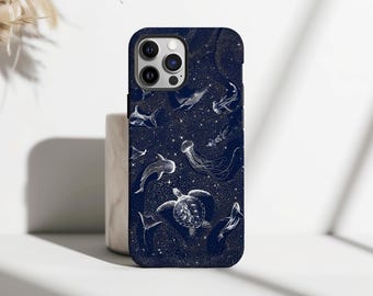 Navy Ocean Animals Phone Case, Sea Turtle Jellyfish Shark Whale Phone Cover for iPhone 17 16 15 14 13 12 11 Pro Max, Samsung Galaxy S25 S24