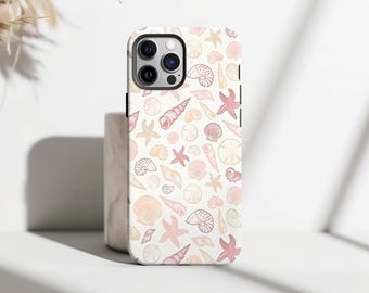 Vintage Seashell Pattern Phone Case, Beachy Tropical Phone Case, iPhone 16 15 14 13 12 11 Pro Max, Samsung S25 S24 S23 Plus Ultra