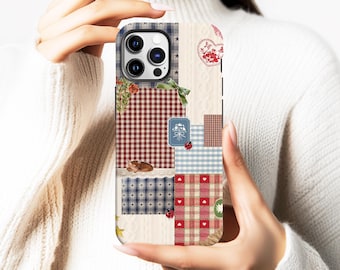 Patchwork quilt collage telefoonhoesje, retro Cottagecore telefoonhoes voor iPhone 17 16 15 14 13 12 11 Pro Max, Samsung Galaxy S25 S24 S23 Ultra