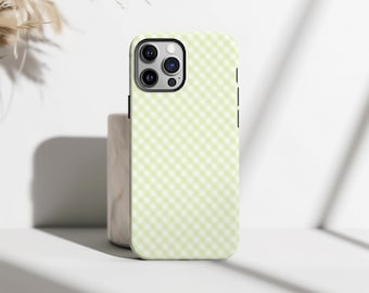Green Checkered Pattern Hard Phone Case, Simple Gingham Cottagecore Cover, Soft Girl Picnic, iPhone 17 16 15 14 13 12 11, Samsung S26 S25