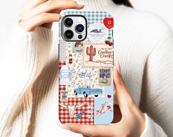 Vintage Western Cowboy Collage Phone Case, Gingham Floral Rodeo Aesthetic Cover, iPhone 18 17 16 15 14 13 12 Pro Max, Samsung S25 S24 Ultra