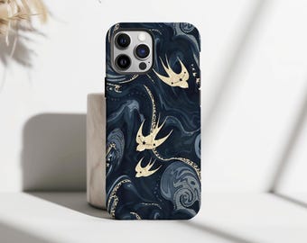 Golden Swallow Constellations Phone Case, Swallow Bird Phone Case Vintage Birds Cover for iPhone 16 15 14 13 12 11 Pro Max, Samsung S25 S24